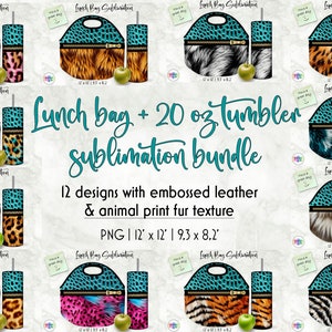 Lunch Bag Sublimation Bundle 20 oz Tumbler Wrap Bundle Animal Print Patterns Realistic Fur Texture Designs Embossed Leather Effect image 1