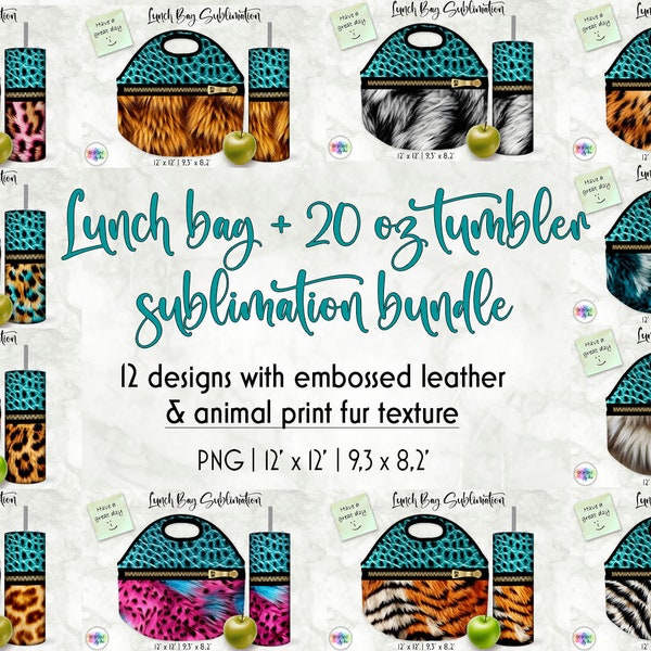 Lunch Bag Sublimation Bundle | 20 oz Tumbler Wrap Bundle | Animal Print Patterns | Realistic Fur Texture Designs | Embossed Leather Effect