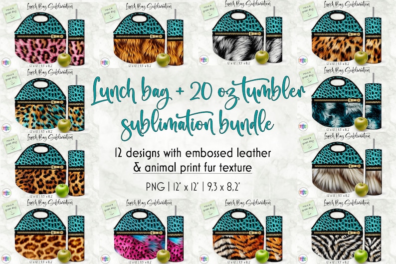 Lunch Bag Sublimation Bundle 20 oz Tumbler Wrap Bundle Animal Print Patterns Realistic Fur Texture Designs Embossed Leather Effect image 1