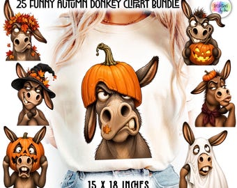 Funny Autumn Donkey Clipart Bundle, Fall Donkey PNG, Halloween Donkey, Pumpkin Spice Clipart, Cute Farm Animal Sublimation, Digital Download