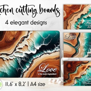 Op de afbeelding: Vier elegante keukensnijplanken met abstracte ontwerpen in bruin, teal en wit. De planken zijn rechthoekig, de grootste meet 29,5 x 20,8 cm. Tekst bevat "Love is the main ingredient" en "Family delicious".