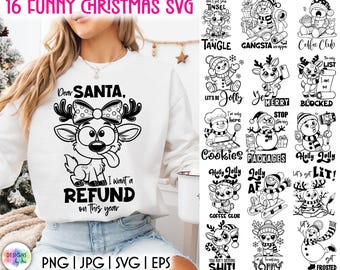 Grappige kerst-SVG-bundel | Grappige sneeuwpop SVG-bundel | Schattig rendier PNG-bundel | Sarcastische kerstcitaten | Digitale download