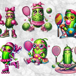 May include: A collection of cartoon pickle characters engaged in various activities. The pickles are depicted with sunglasses, bows, and sports gear, including pickleball paddles, balls, and roller skates. The color palette is primarily green, pink, and white.