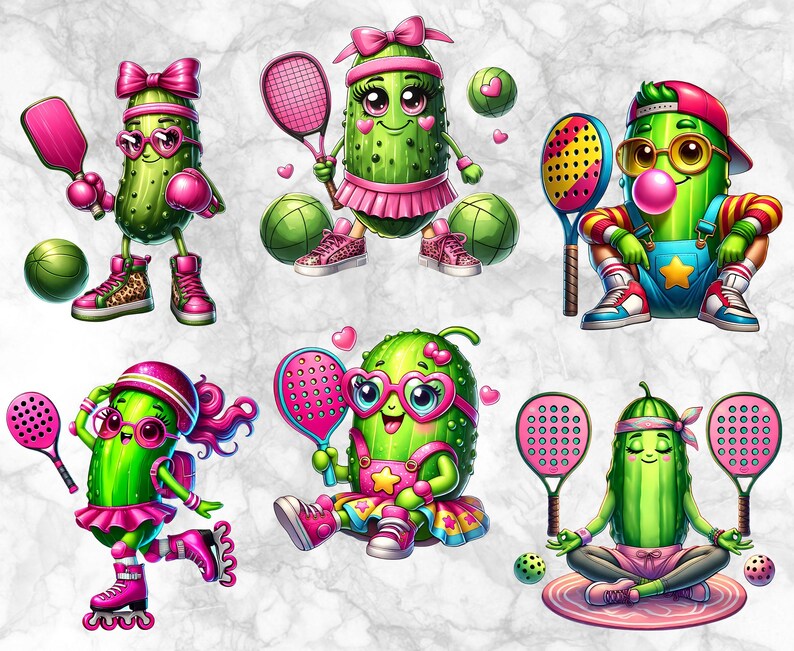 May include: A collection of cartoon pickle characters engaged in various activities. The pickles are depicted with sunglasses, bows, and sports gear, including pickleball paddles, balls, and roller skates. The color palette is primarily green, pink, and white.