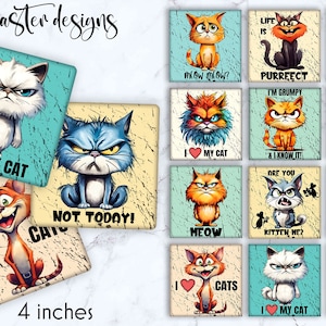 Funny Cat Faces Coaster Sublimation Bundle | Square Coaster Designs Bundle | Cat Lover Coaster Designs | Cat Lover Gift Idea | Digital Art