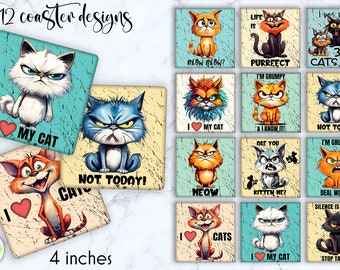 Funny Cat Faces Coaster Sublimation Bundle | Square Coaster Designs Bundle | Cat Lover Coaster Designs | Cat Lover Gift Idea | Digital Art