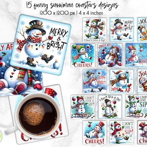Peut inclure: Ensemble de 15 dessous-de-verre carrés avec des motifs de bonhomme de neige fantaisistes. Chaque dessous-de-verre présente un bonhomme de neige différent avec une expression unique et un message festif, comme "Jolly AF!" et "Merry & Bright!" Les dessous-de-verre mesurent 10 cm x 10 cm et sont parfaits pour ajouter une touche de gaieté festive à votre maison.