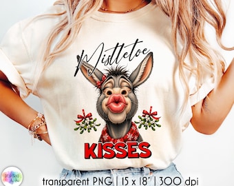 Mistletoe Kisses Donkey PNG, Funny Christmas Donkey Sublimation, Cute Holiday PNG, Christmas Shirt Design, Donkey Lover Gift, Digital Art