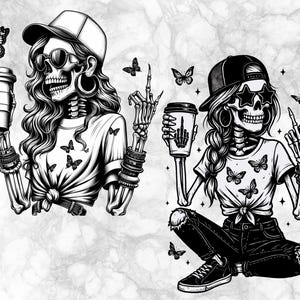 May include: Monochrome illustration of two skeleton figures, each wearing sunglasses and a baseball cap. One holds a coffee cup and gives a peace sign, the other holds a coffee cup and gives the middle finger. Both wear t-shirts with butterfly graphics.