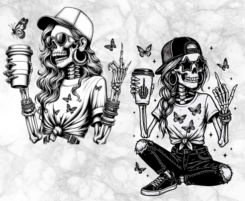 May include: Monochrome illustration of two skeleton figures, each wearing sunglasses and a baseball cap. One holds a coffee cup and gives a peace sign, the other holds a coffee cup and gives the middle finger. Both wear t-shirts with butterfly graphics.