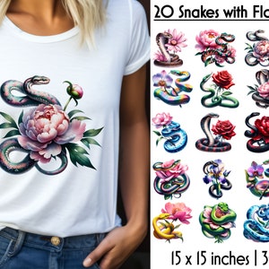 Könnte beinhalten: 20 digitale Illustrationen von Schlangen mit Blumen. Jedes Bild zeigt eine farbenfrohe Schlange, die sich um eine Blume windet, wie eine Rose, eine Pfingstrose oder eine Orchidee. Die Bilder sind 15 Zoll mal 15 Zoll groß und haben eine Auflösung von 300 dpi.