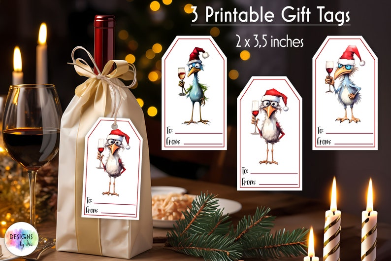 Christmas Gift Tags Bundle Wine Bag Gift Tag Funny Chickens with Wine Illustration Printable Christmas Gift Tags Digital Downoad image 6