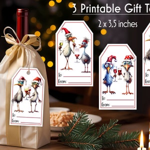 Christmas Gift Tags Bundle Wine Bag Gift Tag Funny Chickens with Wine Illustration Printable Christmas Gift Tags Digital Downoad image 4