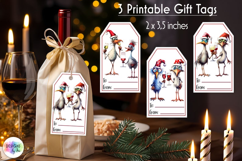 Christmas Gift Tags Bundle Wine Bag Gift Tag Funny Chickens with Wine Illustration Printable Christmas Gift Tags Digital Downoad image 4