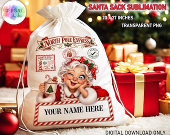 Santa Sack Sublimation PNG, Mrs Claus Santa Sack Sublimation PNG, Personalized North Pole Christmas Gift Bag Print, Digital Download