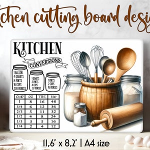 May include: White cutting board with a black and white illustration of kitchen utensils and a chart of kitchen conversions. The text "KITCHEN CONVERSIONS" is at the top of the chart. The chart shows the conversions for cups, ounces, tablespoons, and teaspoons. The cutting board is 29.5 cm by 20.8 cm and is A4 size.