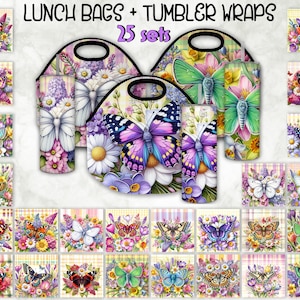 Op de afbeelding: 25 sets met lunchtassen en bekerhoezen met kleurrijke vlinderontwerpen en bloemmotieven. De tassen en hoezen zijn gemaakt van zacht, geïsoleerd materiaal en perfect om voedsel en dranken koud of warm te houden.