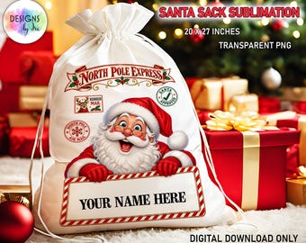 Santa Sack Sublimation PNG, Personalized North Pole Christmas Gift Bag Design, Digital Download