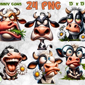 Funny Cow Clipart Bundle | Grumpy Cow Face PNG | Sarcastic Cows Clipart | Cow Lover Bundle | Cartoon Comic Cow Illustrations | Digital PNG