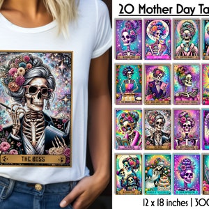 Tarotkarten Sublimationsbündel | Muttertag Tarot Karten PNG | Lustige Skelett Tarot Karten | Sublimationspaket | Messy Bun Skelett PNG