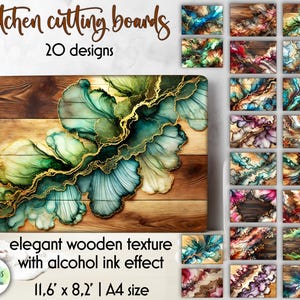 May include: 20 designs of kitchen cutting boards with a wood grain background and abstract alcohol ink art in shades of green, blue, gold, and brown. The boards are 11.6 inches by 8.2 inches and are A4 size.