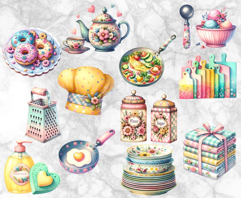 vintage floral kitchen scene clipart set graphic by... Vintage Kitchen Clipart Bundle | Retro Floral Cooking & Baking ...