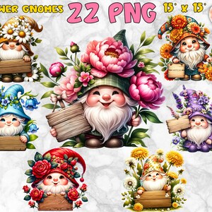 Garden Gnome Clipart Bundle | Flower Gnome Clipart | Spring Flowers PNG | Farmhouse Gnome PNG | Floral Gnome Bundle | Digital Download