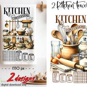 May include: Two kitchen towels with a watercolour design. One towel features kitchen utensils and a shelf with ingredients. The other towel has a jar with utensils and eggs. Both towels have a kitchen conversion chart.
