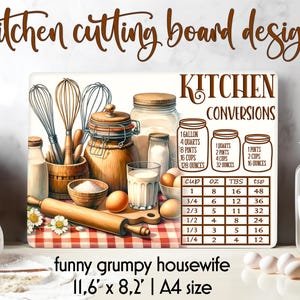 Conversiones de cocina Diseño de tabla de cortar / Gráficos de medidas de cocina PNG / Tabla de cortar de cocina de granja / Cucharas de medición de cocina