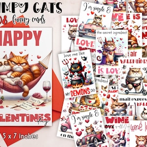 Lot de cartes drôles pour la Saint-Valentin | Cartes de vœux chats grincheux de la Saint-Valentin | Cartes postales imprimables pour la Saint-Valentin | Cartes drôles de chats grincheux | Cartes de citations drôles