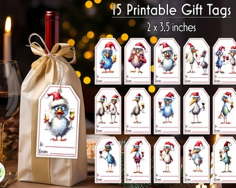 Christmas Gift Tags Bundle | Wine Bag Gift Tag | Funny Chickens with Wine Illustration | Printable Christmas Gift Tags | Digital Downoad