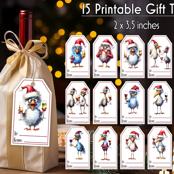 Christmas Gift Tags Bundle | Wine Bag Gift Tag | Funny Chickens with Wine Illustration | Printable Christmas Gift Tags | Digital Downoad