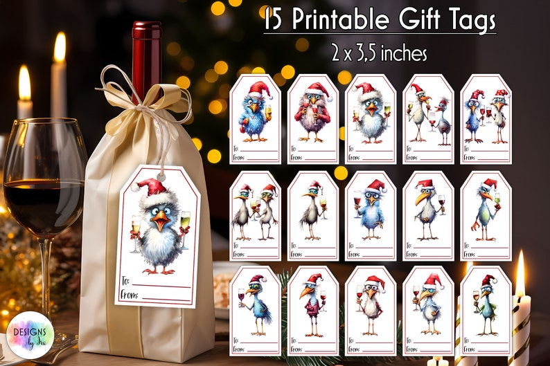 Christmas Gift Tags Bundle Wine Bag Gift Tag Funny Chickens with Wine Illustration Printable Christmas Gift Tags Digital Downoad image 1