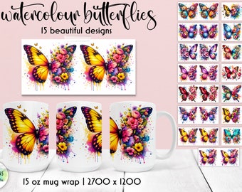 Watercolor Butterfly Mug Wraps: Floral Sublimation Designs (Digital Download)