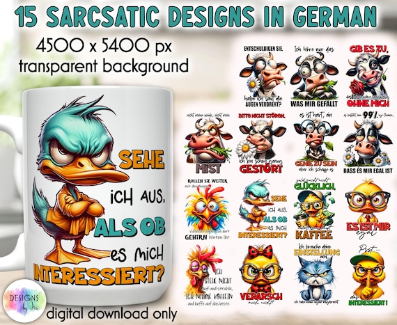 Sarcastic Coffee Mug Sublimation Bundle | Sarkastische Sprüche auf Deutsch | Sarcastic Quotes PNG | Lustige Zitate Clipart Bundle