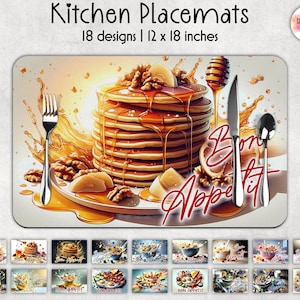 Op de afbeelding: Rechthoekige keukenplacemat met een stapel pannenkoeken met siroop, walnoten en fruit. De placemat is 30 x 46 cm en bevat de tekst "Bon Appétit". Het ontwerp omvat een vork, mes en lepel. De afbeelding toont ook 18 verschillende ontwerpen.