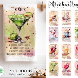 Kitchen Towel Sublimation Bundle | Watercolour Cocktails Sublimation | Christmas Cocktails | Kitchen Dish Towel Design | Cocktails Recipes