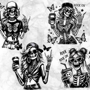 May include: Black and white illustrations of skeleton figures in various poses. Each figure wears sunglasses and a hat, holding a coffee cup and making a rock-and-roll hand gesture. Butterflies and the words "ROCK ON" are also featured.