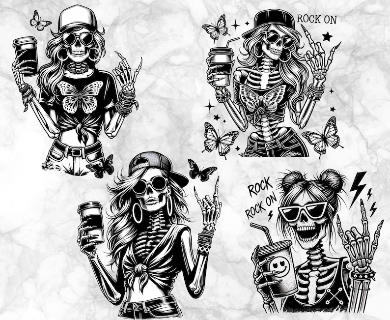 May include: Black and white illustrations of skeleton figures in various poses. Each figure wears sunglasses and a hat, holding a coffee cup and making a rock-and-roll hand gesture. Butterflies and the words "ROCK ON" are also featured.