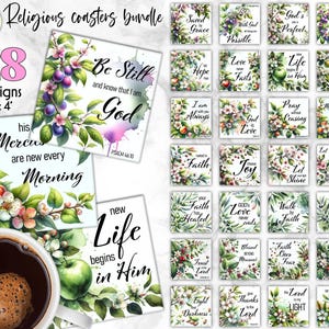 Puede incluir: Un conjunto de 28 posavasos religiosos, cada uno de 10x10 cm, con diseños florales y citas inspiradoras. Los posavasos muestran frases como "Estad quietos, y conoced que yo soy Dios" y "Nuevas son cada mañana sus misericordias".