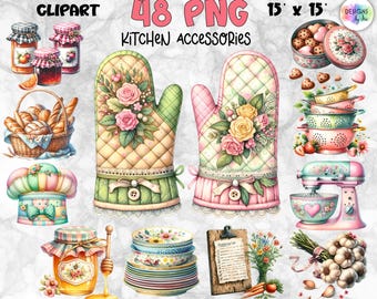 Vintage kök clipart-paket | Retro blommiga matlagnings- och bakningsillustrationer | Shabby chic köksdekor PNG-set | Cottagecore kökskonst
