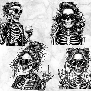 May include: Four monochrome illustrations of skeletons wearing sunglasses. One skeleton is holding a glass of wine and giving the middle finger. Another skeleton is waving. The other two skeletons are giving the middle finger.