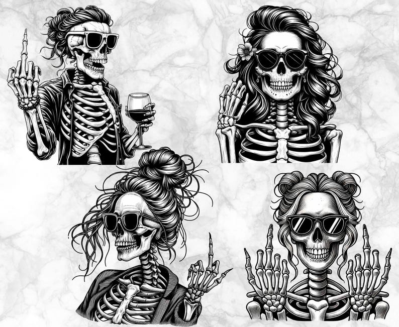 May include: Four monochrome illustrations of skeletons wearing sunglasses. One skeleton is holding a glass of wine and giving the middle finger. Another skeleton is waving. The other two skeletons are giving the middle finger.