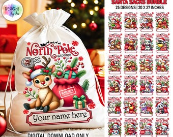Puede incluir: Un conjunto de 25 diseños digitales para bolsas de Papá Noel, cada uno con un personaje de animal lindo diferente y el texto "North Pole Express". Las bolsas miden 50,8 cm por 68,6 cm.