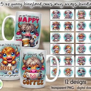 皮肉なコーヒーマグラップバンドル | コーヒー愛好家マグプリント | ハイランド牛マグラップ | おもしろい牛 | おもしろいコーヒーの引用プリント | 15 オンスマグラップ
