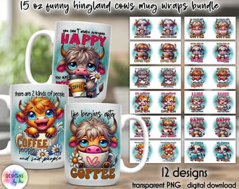 Paquete de envoltorios para tazas de café sarcásticos / Impresión para tazas para amantes del café / Envoltorio para tazas con vaca de las Tierras Altas / Vaca divertida / Impresión con cita divertida sobre café / Envoltorio para tazas de 15 oz