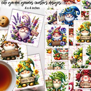 May include: 52 colourful square coasters featuring cute garden gnomes with different floral and garden themed designs. Each coaster is 4 inches by 4 inches and features a gnome holding a sign with text such as "Coffee Time", "Welcome to our Garden", and "Tea Time".