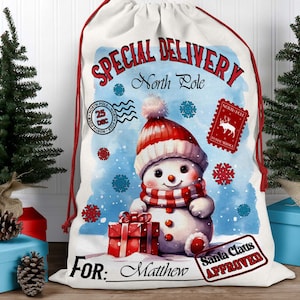 Pupazzo di neve con sacco di Babbo Natale: consegna al Polo Nord PNG (download digitale)