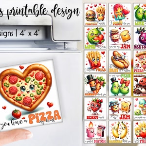 May include: Set of 25 printable 4x4 inch square magnets featuring cute cartoon food characters with Valentine's Day themed messages.  The magnets are perfect for adding a fun and quirky touch to your refrigerator or any metal surface.