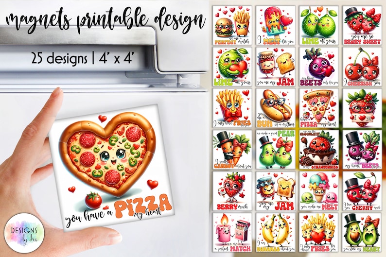May include: Set of 25 printable 4x4 inch square magnets featuring cute cartoon food characters with Valentine's Day themed messages.  The magnets are perfect for adding a fun and quirky touch to your refrigerator or any metal surface.